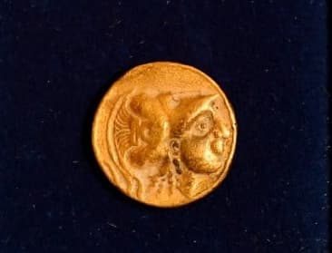 Ancient coins on display in a museum