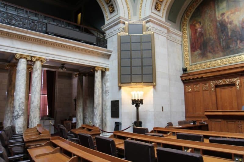 Wisconsin State Assembly chamber with electronic vote board
