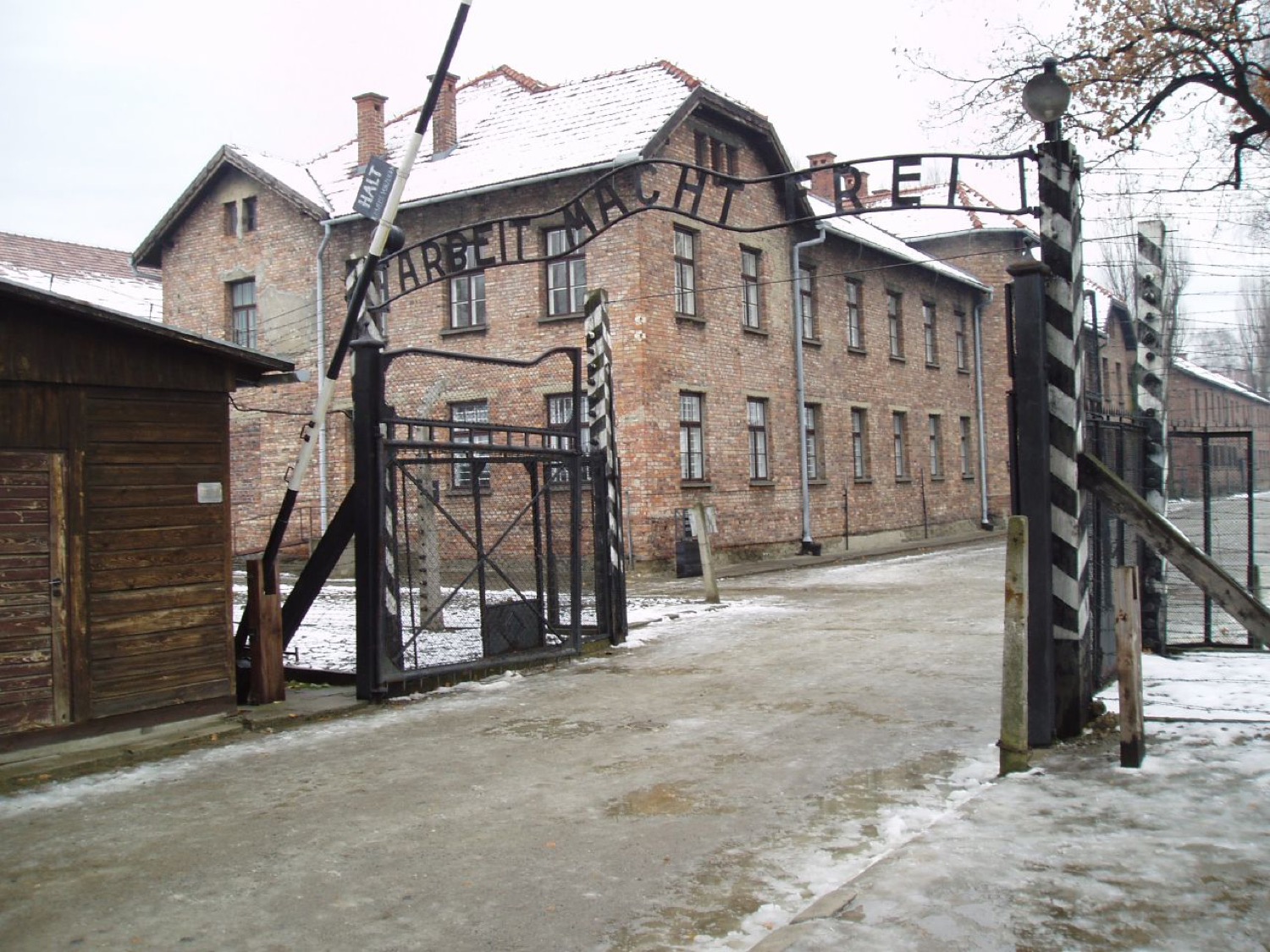 The Arbeit Macht Frei gate at the entrance to Auschwitz I
