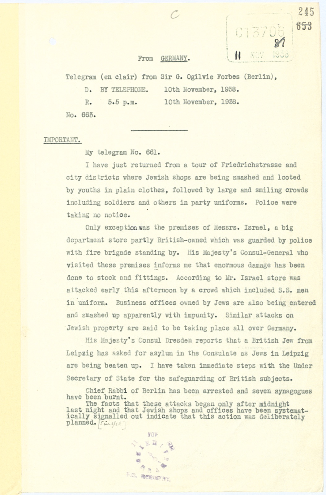 A typed telegram sheet from the British Embassy in Berlin, numbered 663 and dated November 10, 1938, with Foreign Office registry markings.