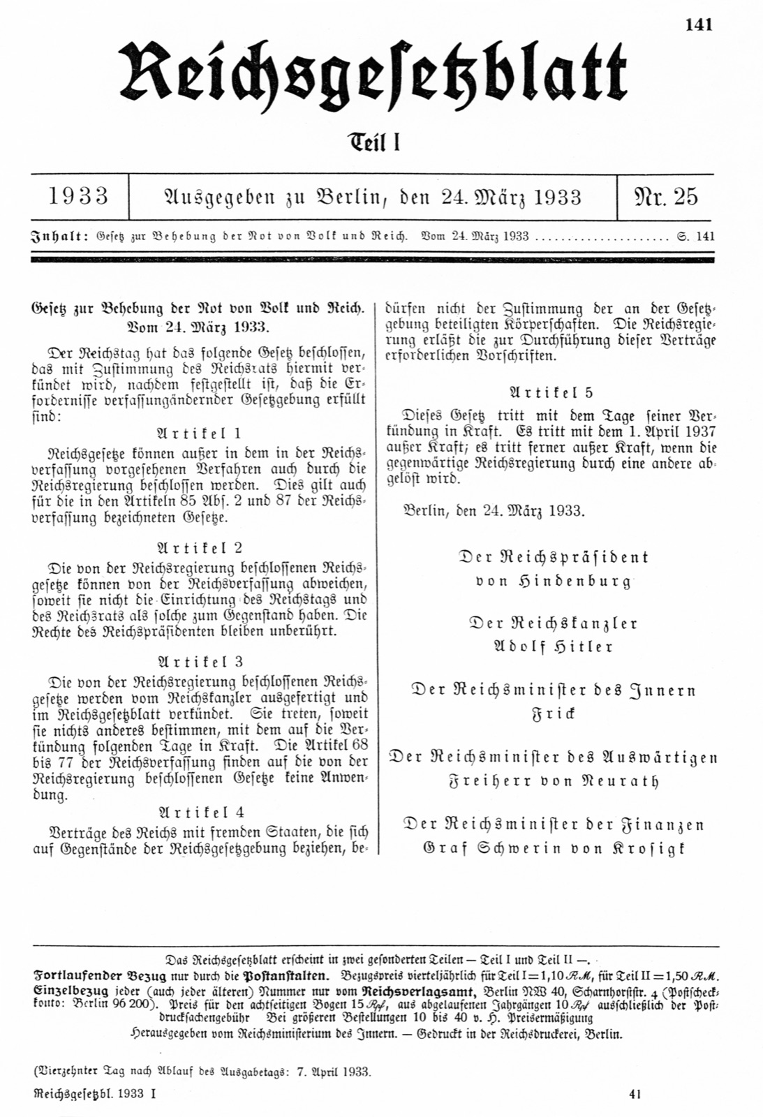 A page of the Reich Law Gazette printing the five articles of the Enabling Act.