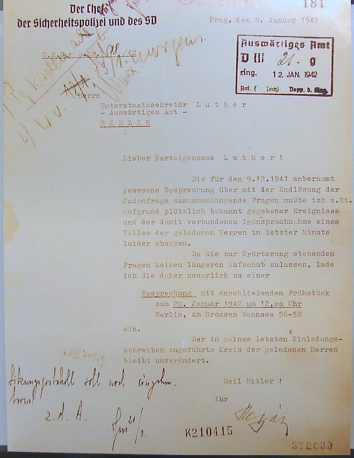 A typed German letter displayed in a museum case, sent from the Reich Security Main Office to Undersecretary of State Luther of the Foreign Office.