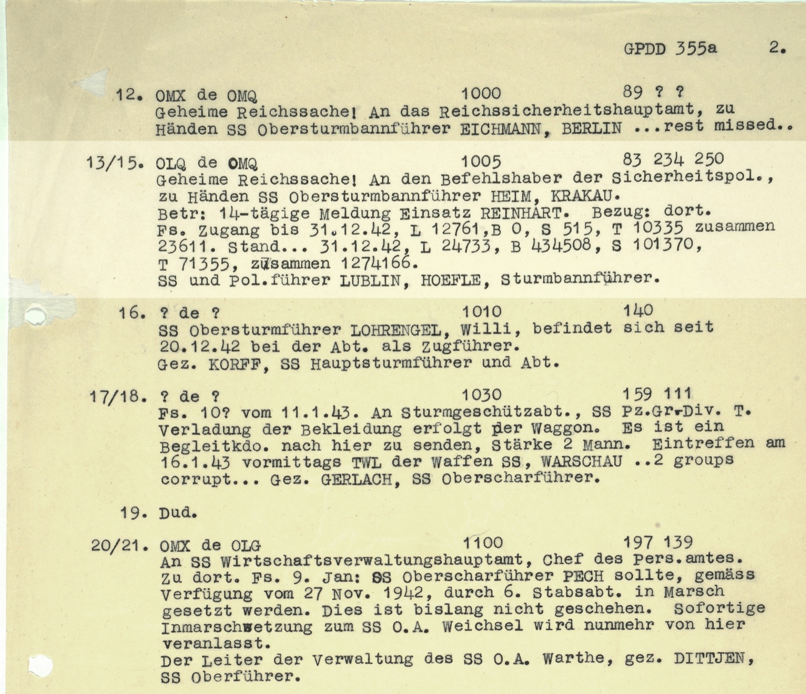A typed wartime decrypt sheet dense with abbreviations and figures, with the camp names reduced to the single letters L, B, S and T.