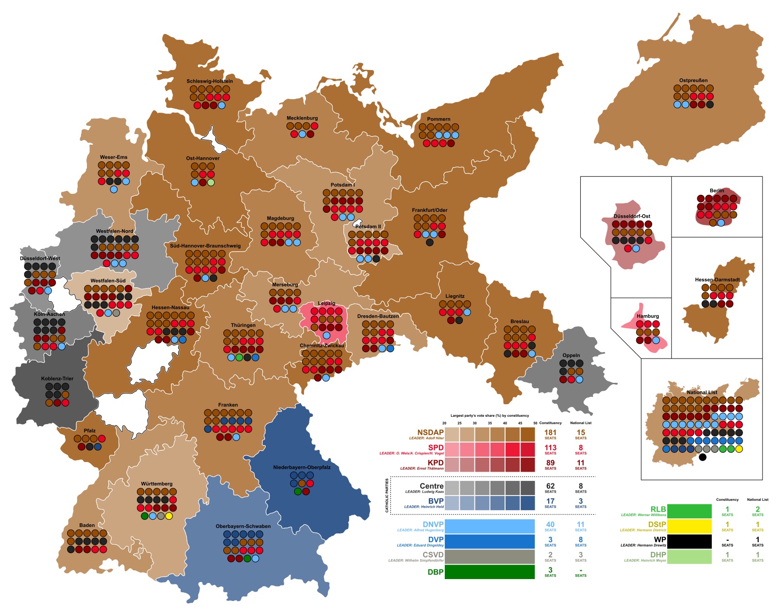 The same constituency map of Germany, shaded for the November 1932 result.