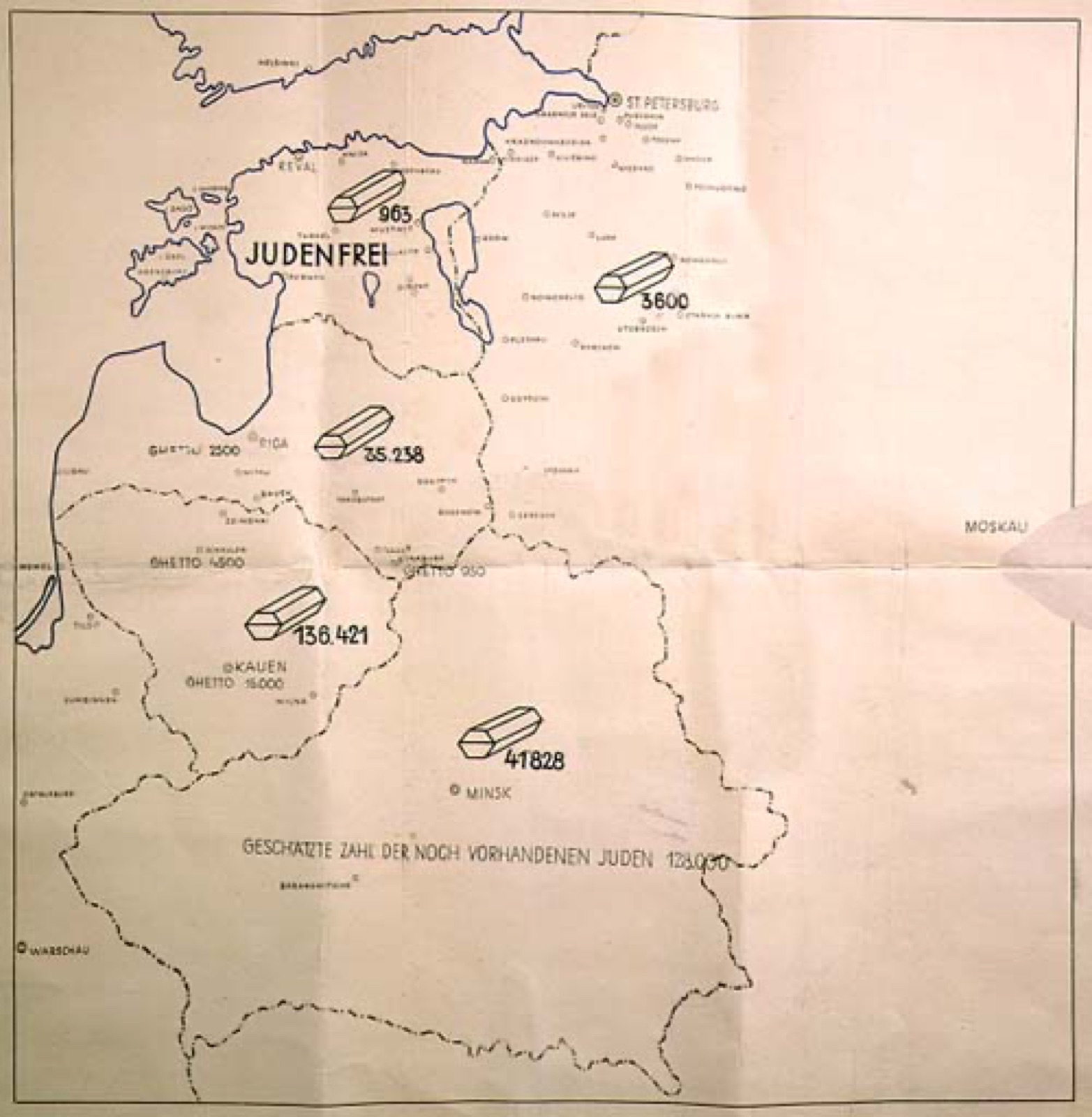 A hand-drawn map of the Baltic states and Belorussia stamped as a state secret. A coffin symbol with a number printed inside it sits over each region. Estonia is labeled JUDENFREI.