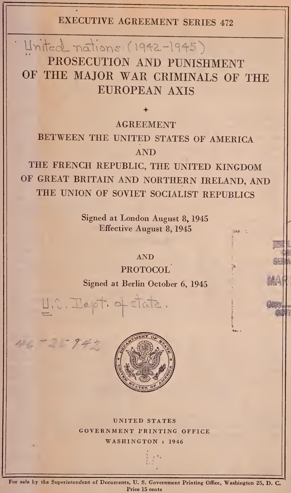 Printed cover of a 1946 pamphlet titled Prosecution and Punishment of the Major War Criminals of the European Axis, listing the four signatory governments.