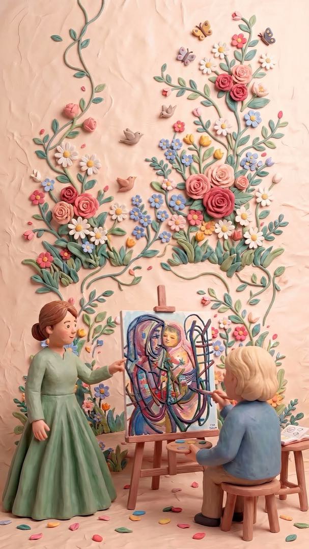 A survivor and her granddaughter about to begin painting the Rebuild piece — the finished Remember canvas still on the easel