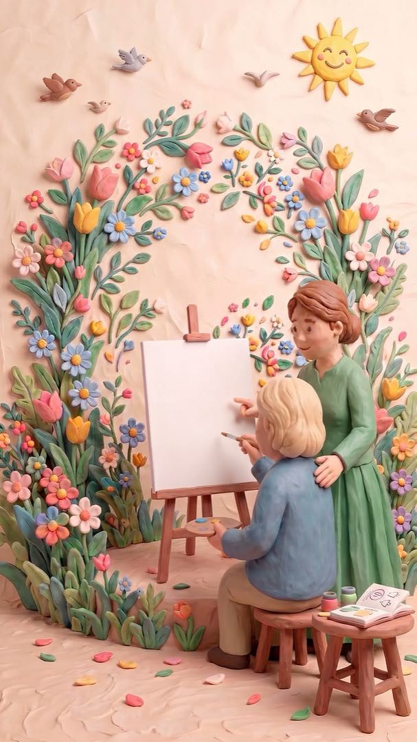 A survivor and her granddaughter at an easel, canvas blank, about to begin painting the Remember piece